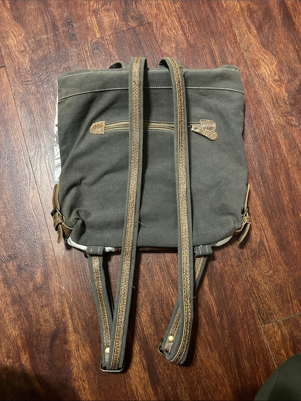 Myra Bag Bloom Bleach Floral Canvas & Black White Cowhide Backpack - Picture 8 of 9
